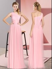 Classical Pink Empire One Shoulder Sleeveless Chiffon Floor Length Lace Up Ruching 