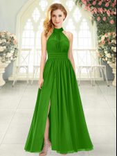 Sexy Green Chiffon Zipper Halter Top Sleeveless Ankle Length Prom Evening Gown Ruching