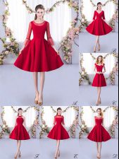  3 4 Length Sleeve Satin Knee Length Zipper Dama Dress in Red with Ruching