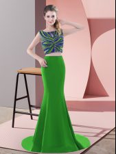 Dramatic Sweep Train Two Pieces Prom Gown Green Scoop Satin Sleeveless Backless