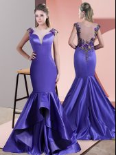  Purple Mermaid Scoop Sleeveless Satin Sweep Train Side Zipper Beading and Appliques Homecoming Dress