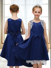  Navy Blue A-line Lace and Bowknot Toddler Flower Girl Dress Zipper Satin Sleeveless High Low