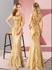 Fancy Scoop Half Sleeves Floor Length Sequins Gold