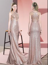 Comfortable Baby Pink Sequined High-neck Sleeveless Floor Length Dress for Prom Ruching