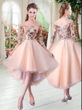 Custom Fit Peach Off The Shoulder Lace Up Sequins Homecoming Dress 3 4 Length Sleeve
