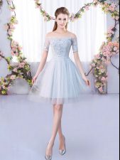 Gorgeous Short Sleeves Tulle Mini Length Lace Up Dama Dress for Quinceanera in Grey with Lace