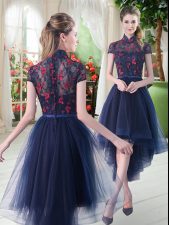  Short Sleeves Tulle High Low Zipper Prom Gown in Navy Blue with Lace
