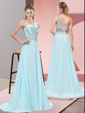 Most Popular Sleeveless Beading Side Zipper with Baby Blue Sweep Train