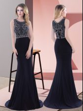 New Style Navy Blue Evening Dress Prom and Party and Military Ball with Beading and Lace Scoop Sleeveless Sweep Train Zipper