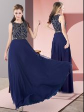 Hot Selling Navy Blue Column/Sheath Scoop Sleeveless Chiffon Floor Length Zipper Beading Dress for Prom