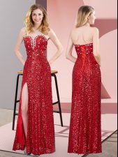  Red Sleeveless Floor Length Beading and Lace Lace Up Prom Gown
