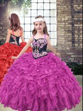  Fuchsia Organza Lace Up Little Girls Pageant Gowns Sleeveless Floor Length Embroidery and Ruffled Layers