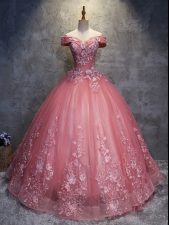 Delicate Sleeveless Floor Length Appliques Lace Up Ball Gown Prom Dress with Watermelon Red