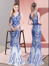 Customized Floor Length Zipper Evening Dress Blue for Prom and Party and Military Ball with Beading