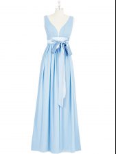  V-neck Sleeveless Homecoming Dress Floor Length Ruching and Bowknot Baby Blue Chiffon