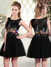 Glittering Black A-line Beading and Embroidery Prom Evening Gown Side Zipper Tulle Sleeveless Mini Length
