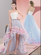 Latest Grey Lace Up Strapless Appliques Homecoming Dress Tulle Sleeveless