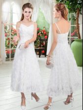  White Zipper Straps Sleeveless Tea Length Homecoming Dress Ruffles