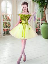 Fitting A-line Prom Evening Gown Yellow Green Off The Shoulder Tulle Sleeveless Mini Length Lace Up