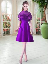  Eggplant Purple A-line Satin High-neck Cap Sleeves Ruffled Layers Knee Length Lace Up 