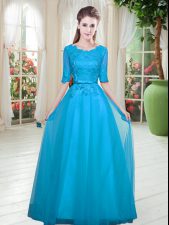  Empire Blue Scoop Tulle Half Sleeves Floor Length Lace Up