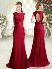 High Quality Scoop Sleeveless Sweep Train Backless Evening Dress Red