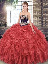 Dynamic Red Organza Lace Up Sweetheart Sleeveless Sweet 16 Quinceanera Dress Sweep Train Embroidery and Ruffles