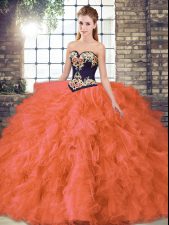 Fancy Floor Length Orange Red Sweet 16 Dress Organza Sleeveless Beading and Embroidery