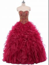 Eye-catching Organza Sweetheart Sleeveless Lace Up Beading and Ruffles 15 Quinceanera Dress in Wine Red