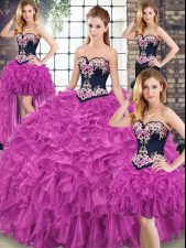 Nice Lace Up Quinceanera Dresses Fuchsia for Military Ball and Sweet 16 and Quinceanera with Embroidery and Ruffles Sweep Train