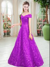 Cheap Sleeveless Lace Floor Length Lace Up Prom Dress in Purple with Beading