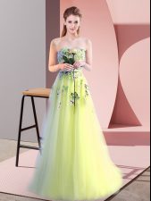 Nice Yellow Green Tulle Lace Up Sweetheart Sleeveless Floor Length Prom Gown Appliques