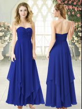 Low Price Royal Blue Chiffon Zipper Sweetheart Sleeveless Ankle Length Prom Dress Ruching