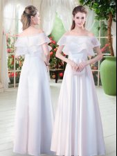  Short Sleeves Satin Floor Length Zipper Dress for Prom in White with Lace
