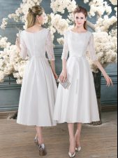 Adorable White A-line Scoop 3 4 Length Sleeve Satin Tea Length Zipper Lace Homecoming Dress