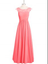 Chic A-line Prom Evening Gown Pink Scoop Chiffon Cap Sleeves Floor Length Zipper
