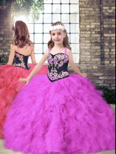 High Class Tulle Straps Sleeveless Lace Up Embroidery and Ruffles Little Girls Pageant Dress in Fuchsia