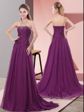 Hot Selling Purple Sleeveless Chiffon Sweep Train Zipper Prom Dresses for Prom and Party and Military Ball