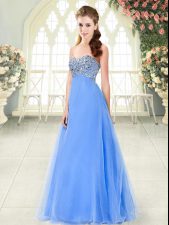 Chic Blue A-line Tulle Sweetheart Sleeveless Beading Floor Length Lace Up Prom Party Dress