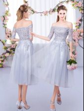  Empire Quinceanera Court of Honor Dress Grey Off The Shoulder Tulle Half Sleeves Tea Length Zipper