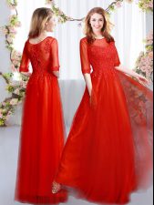 Dazzling Red Half Sleeves Lace Floor Length Quinceanera Court of Honor Dress
