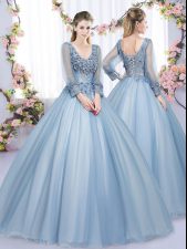 Popular Ball Gowns 15 Quinceanera Dress Blue V-neck Tulle Long Sleeves Floor Length Lace Up