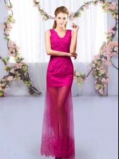 Hot Sale Floor Length Lace Up Damas Dress Fuchsia for Prom and Party and Wedding Party with Lace