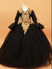 Excellent Floor Length Black Kids Formal Wear Tulle Long Sleeves Beading and Appliques