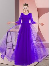 Exceptional Purple Tulle Zipper V-neck Long Sleeves Floor Length Homecoming Dress Beading