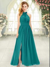 Fantastic Teal Empire Halter Top Sleeveless Chiffon Ankle Length Zipper Ruching Prom Gown