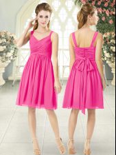  Sleeveless Knee Length Ruching Zipper Dress for Prom with Hot Pink