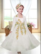 Fantastic White Lace Zipper Straps Sleeveless Ankle Length Flower Girl Dresses Embroidery