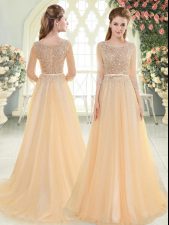  Scoop 3 4 Length Sleeve Sweep Train Zipper Evening Dress Champagne Tulle