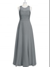  Grey Chiffon Zipper Homecoming Dress Sleeveless Floor Length Lace and Appliques and Belt